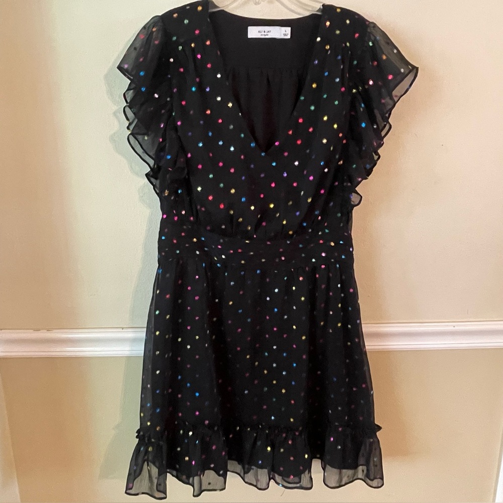 Ali and Jay black dress with metallic multi colored polka dots size large